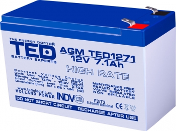 AGM Battery TED1271HRF2 12V 7.1Ah High Rate