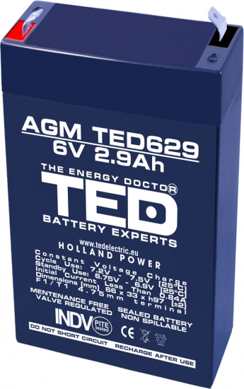 AGM Battery TED629F1 6V 2.9Ah