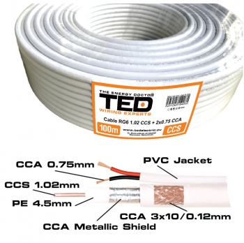 White Coaxial Cable RG6 75Ohms CCS + 2 x 0.75